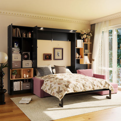 DNYN Queen Size Murphy Bed with Large Sofa and Storage Shelves for Bedroom/Guest/Study Room, Space-Saving Wooden Foldable Wall Bed Frame with Dual LED and Cabinets, No Box Spring Needed