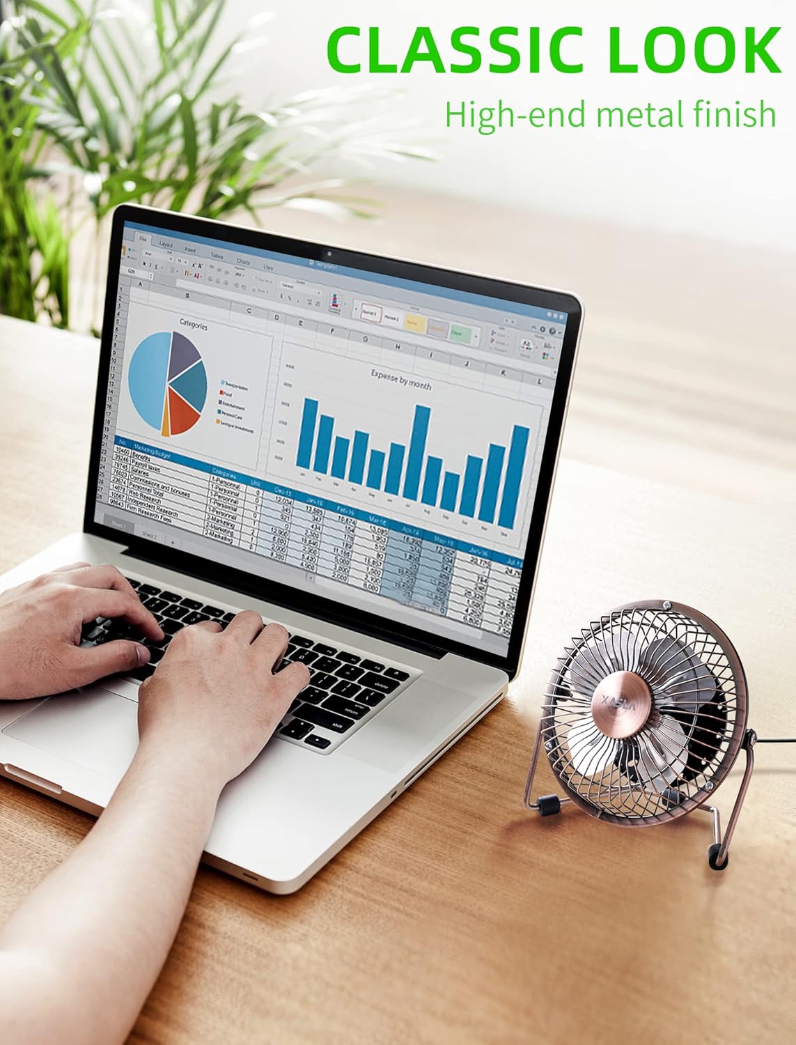 xasla 4 Inch Small USB Desk Fan, Mini Quiet Fan with Metal Construction, Strong Airflow, 360° Adjustable Tilt Angle