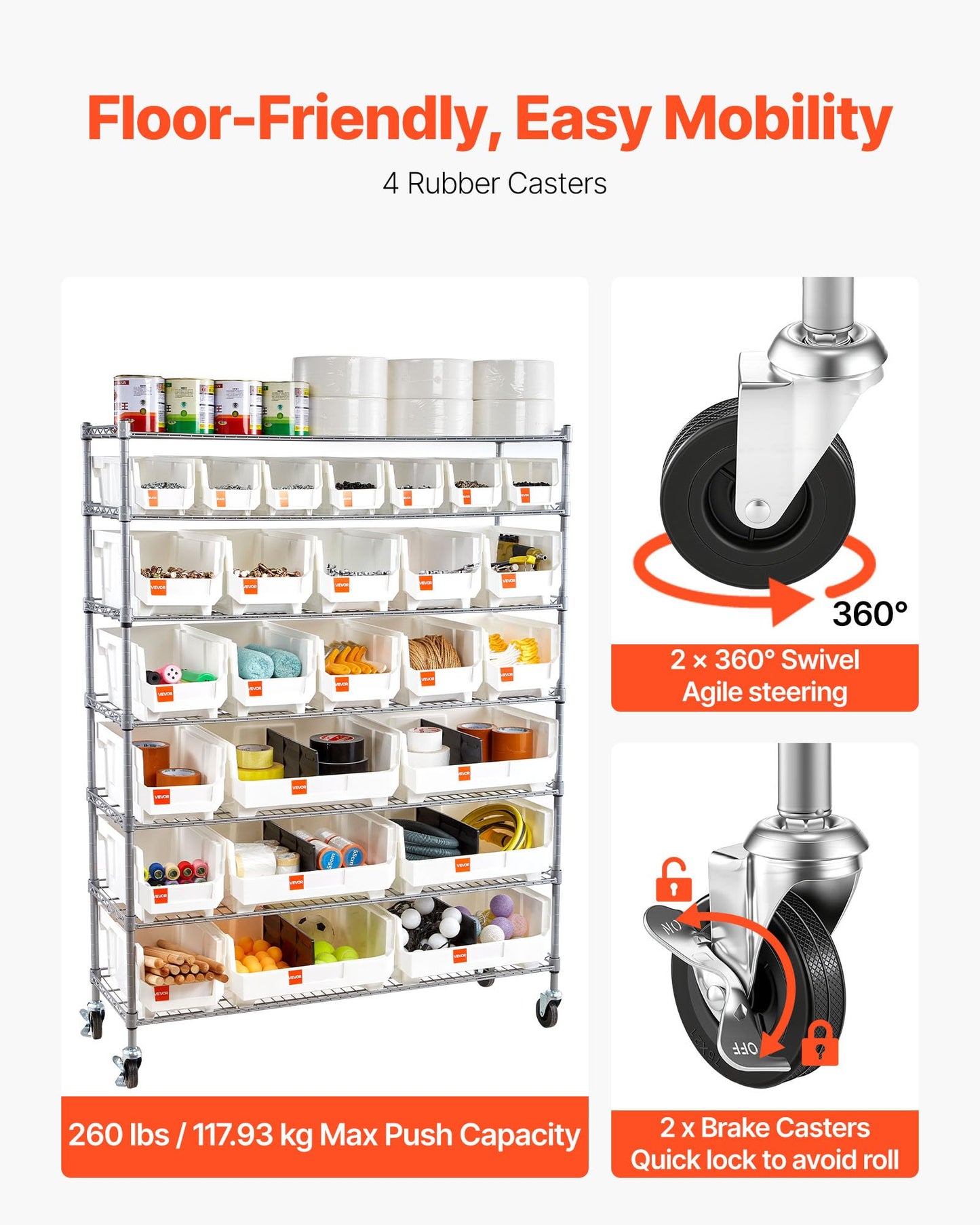 VEVOR 7-Tier Rolling Bin Storage Rack, 26 Organizer Bins, Bin Rack Storage Steel Wire Shelving System with Wheels, Mobile Tool Organizer for Garage, Warehouse, Office, Restaurant, Kitchen, Classroom