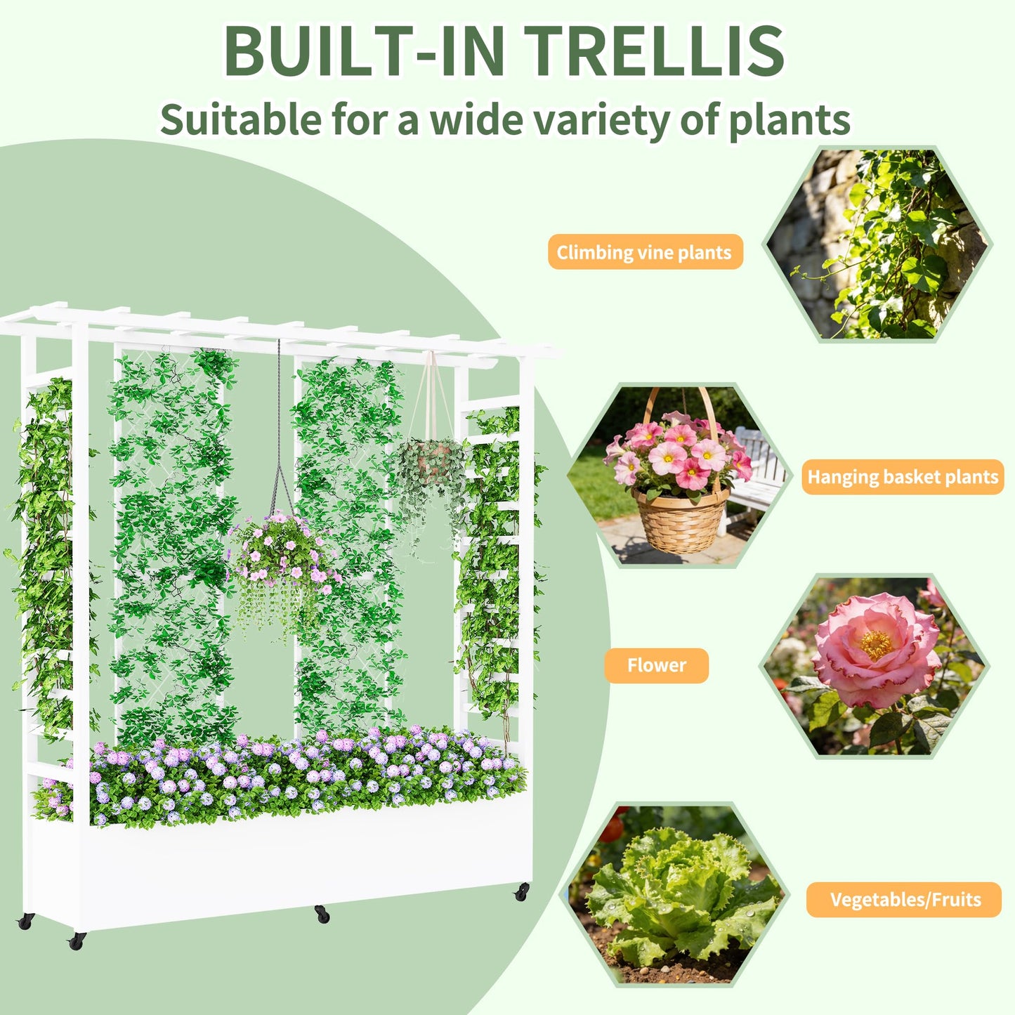 Sunnibety Raised Garden Bed with Trellis & Hanging Roof, Weatherproof Metal Planter Box with Wheels, Garden Arch Trellis for Outdoor Climbing Plants Vines Flowers, 74" H x 77" L x 17" W, White