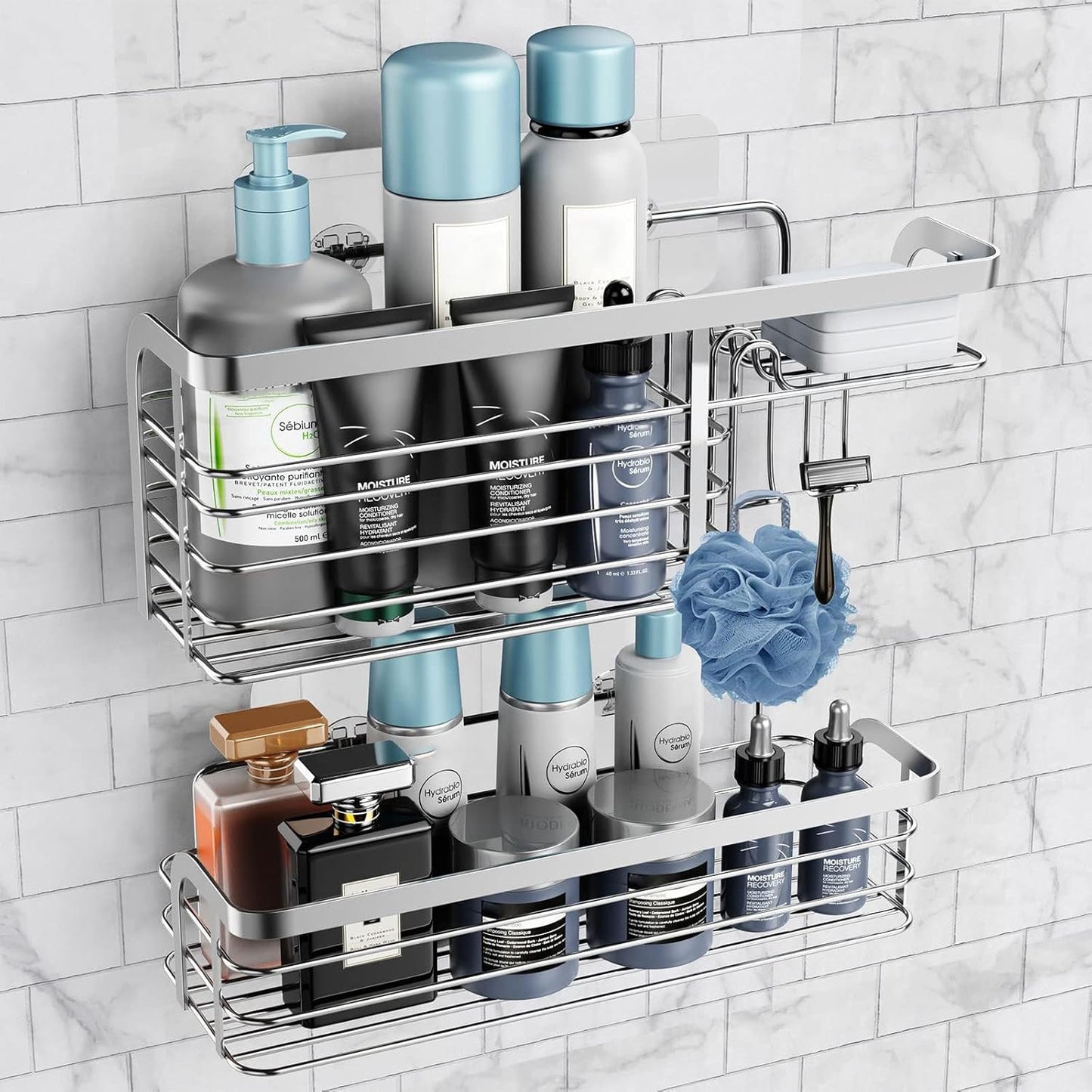 Adhesive Shower Caddy 2 Pack, No Drilling Stainless Steel Bathroom Organizer Shelf for Shampoo Holder, Silver