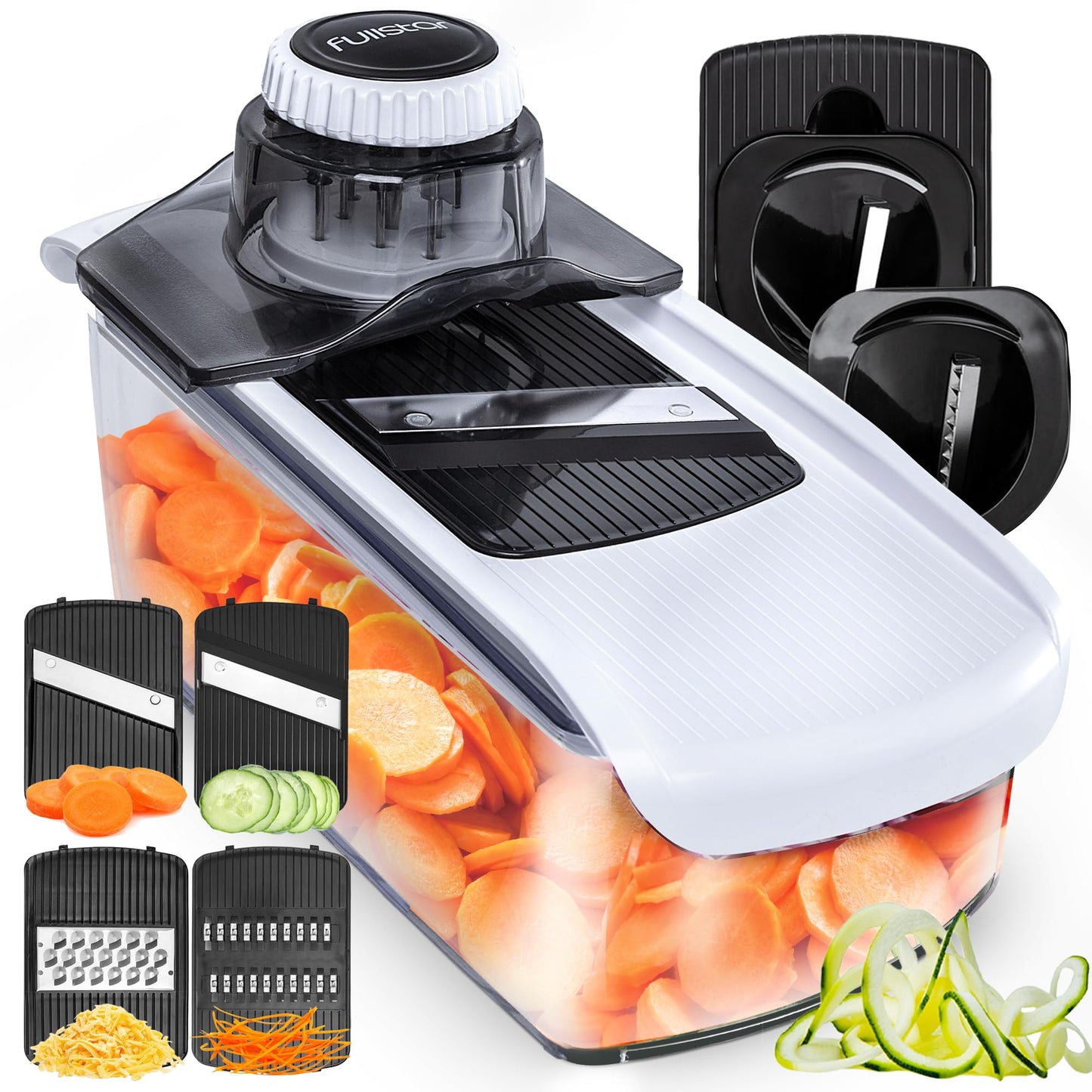 Fullstar Mandoline Slicer for Kitchen, Fruit Cutter, Cheese Grater, Cucumber Slicer, Veggie Spiralizer, Food Cutter & Kitchen Gadgets & Gifts with Safety Glove (6 in 1, White)