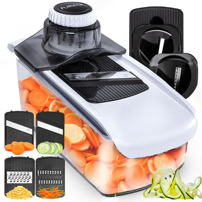 Fullstar Mandoline Slicer for Kitchen, Fruit Cutter, Cheese Grater, Cucumber Slicer, Veggie Spiralizer, Food Cutter & Kitchen Gadgets & Gifts with Safety Glove (6 in 1, White)