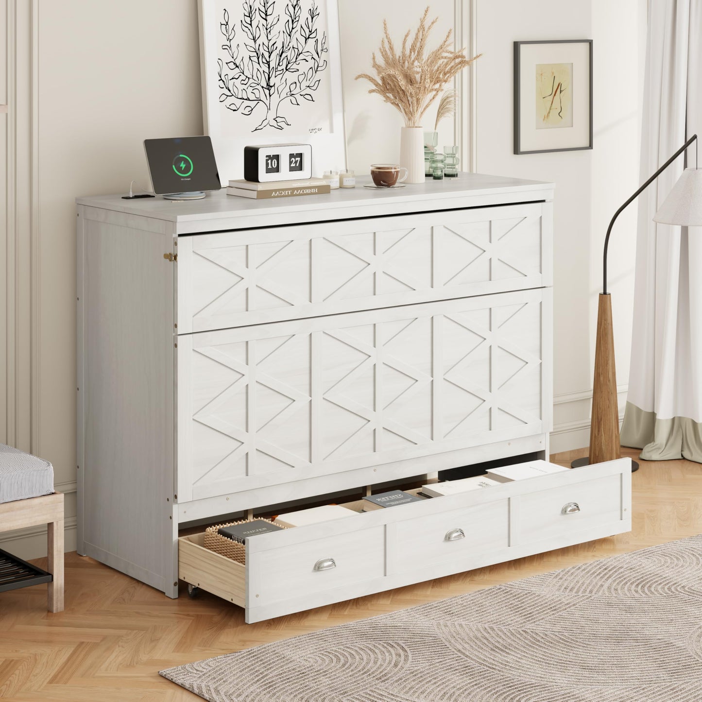 Merax Queen Size Murphy Bed Cabinet with Charging Station and Storage Drawer, Wooden Foldable Platform Bed Frame for Home Office Small Room, White