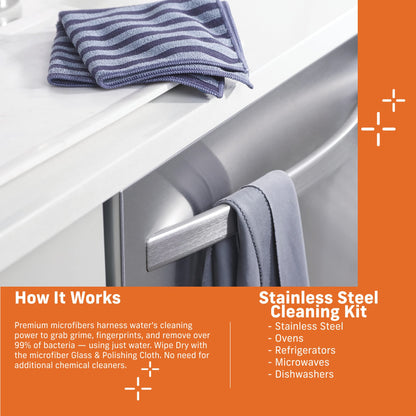 E-Cloth Stainless Steel Microfiber Cleaning Cloth Kit - Stainless Steel Cleaner for Appliances, Oven, Stove, & More - Microfiber Towels for Cars - Reusable Cloths for Cleaning