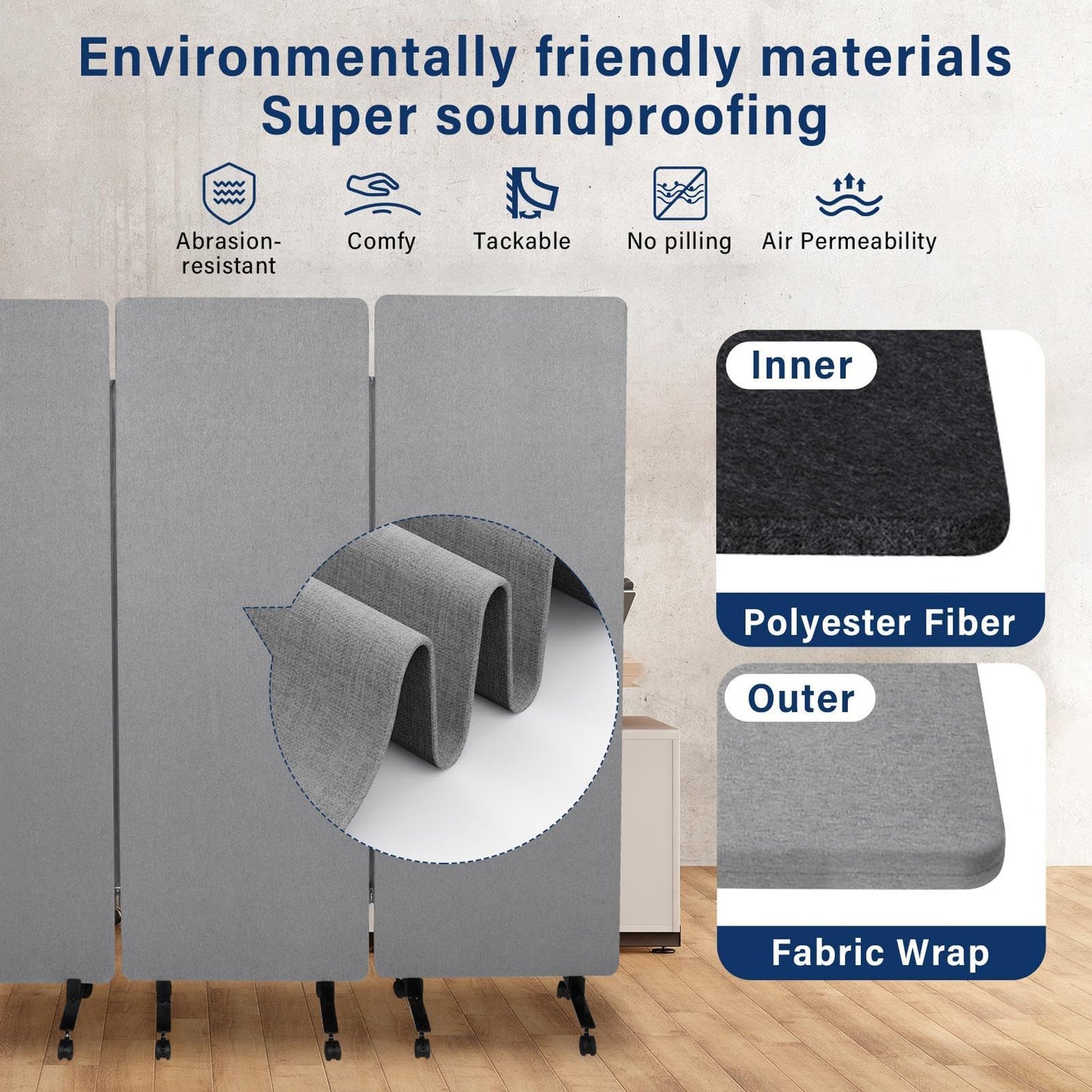 72" X 66" Partition Room dividers, 3 Panel Sound Proof Dividers for Office Partitions, Room Divider Privacy Panel with Wheels, Portable Temporary Wall for Office, Studio, School, Hospital(Light Gray)