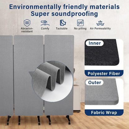 72" X 66" Partition Room dividers, 3 Panel Sound Proof Dividers for Office Partitions, Room Divider Privacy Panel with Wheels, Portable Temporary Wall for Office, Studio, School, Hospital(Light Gray)