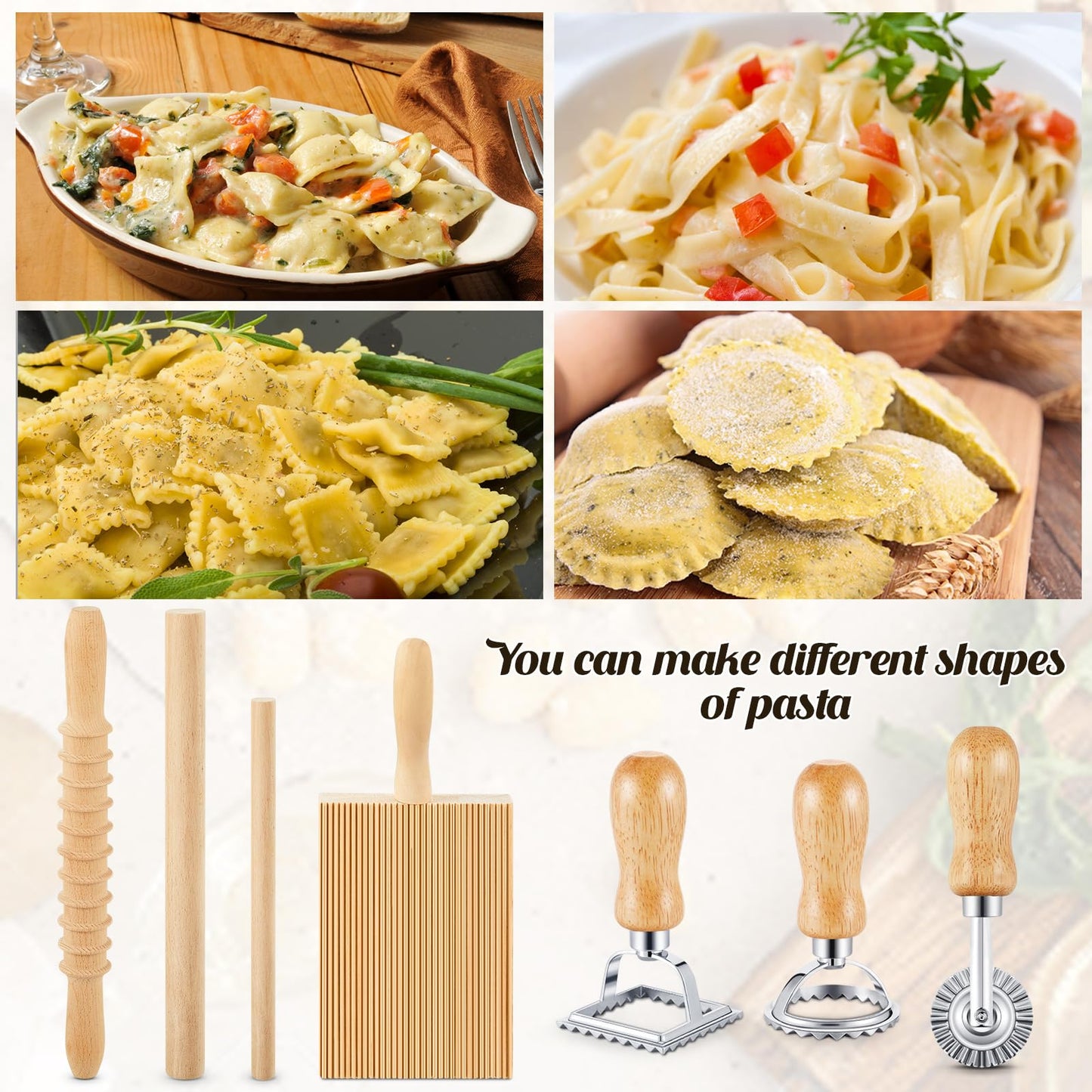 Tioncy 7 Pcs Pasta Making Tool Set Kitchen Gift for Mom, Wood Gnocchi Board with Ravioli Stamp Ravioli Maker Rolling Pin Gnocchi Garganelli Ltalian Pasta Tools for Beginners Mother's Day Home Cooks