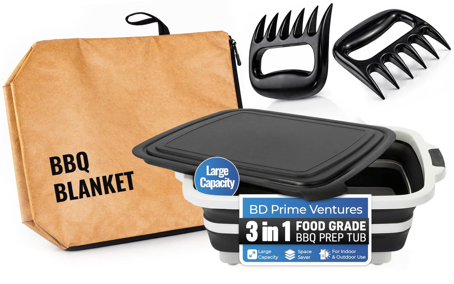 3pcs BBQ Prep Tub, BBQ Blanket, Meat Shredder Claws | Collapsible 3 in 1 Cutting Board with Colander & Dish Basin, Insulated 21" Meat Resting Bag, Barbecue Grilling Accessories with Tub