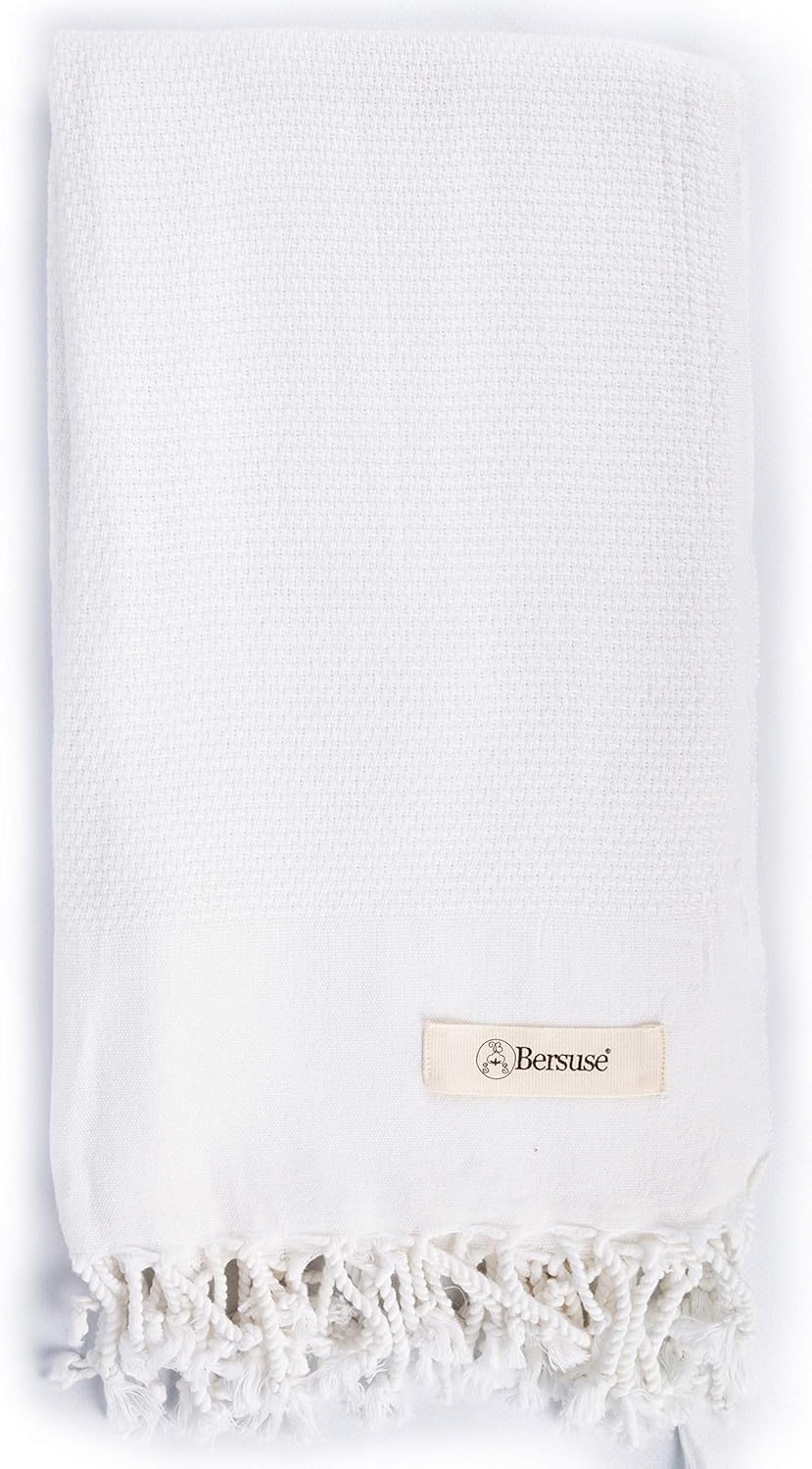 Bersuse 100% Cotton Ventura Premium Turkish Towel - Soft, Absorbent, Quick-Dry Bath & Beach Towel - 37x70 Inches, White