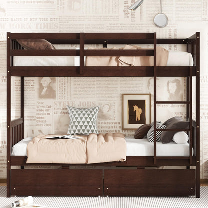 MERITLINE Wood Bunk Bed with Drawers, Convertible Bunk Bed with Ladders and Two Storage Drawers, Solid Wood Detachable Bedframe with Guardrails, Twin Over Twin, Espresso