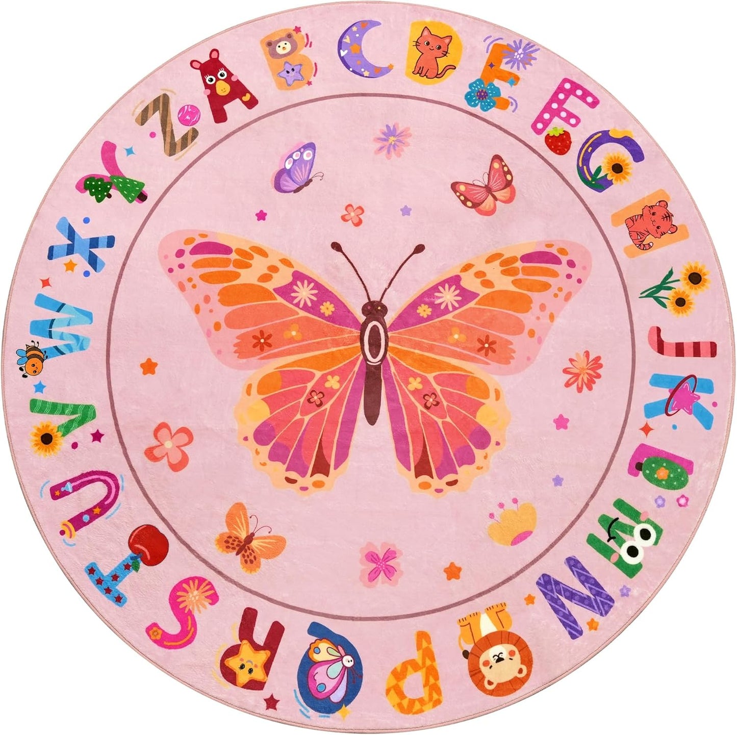 4ft ABC Kids Alphabet Round Rug Washable Soft Circle Nursery Rug, Non-Slip Educational Carpet with Pink Butterfly