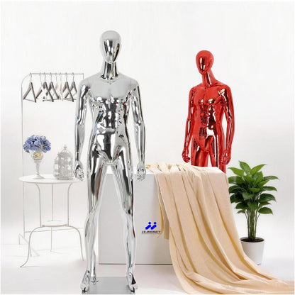 Full Body Male Mannequin with Chrome Metallic Finish, Fiberglass Abstract Dress Form with Posable Head, Futuristic Retail Display Dummy with Metal Base for Men's Fashion Window(Chrome Red)