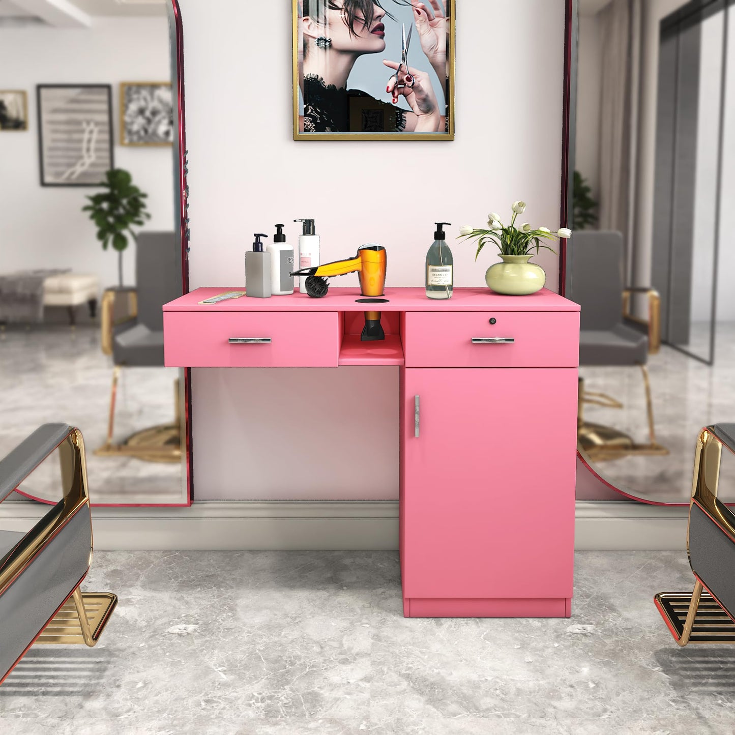 Wall Mount Barber Salon Station, Salon Storage Hair Stylist Equipment Set w,Appliance Holders,Lockable Drawers,Storage Cabinet