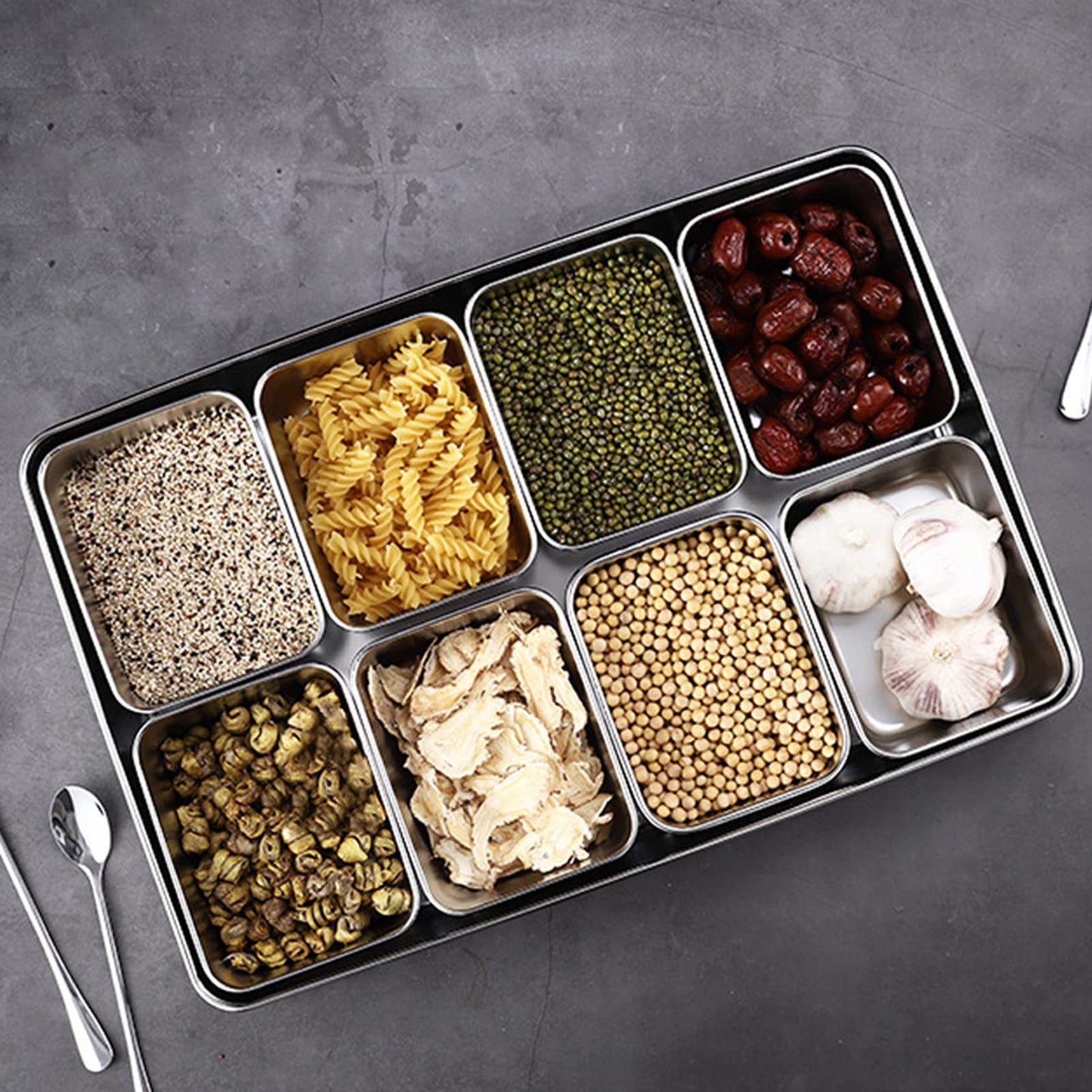 KIMISS Box Seasoning Organizer Box 8 Grids Stainless Steel Jars Container Set Rack with Lids And Spoons for Salt Snacks Flour Dry Goods Fruits