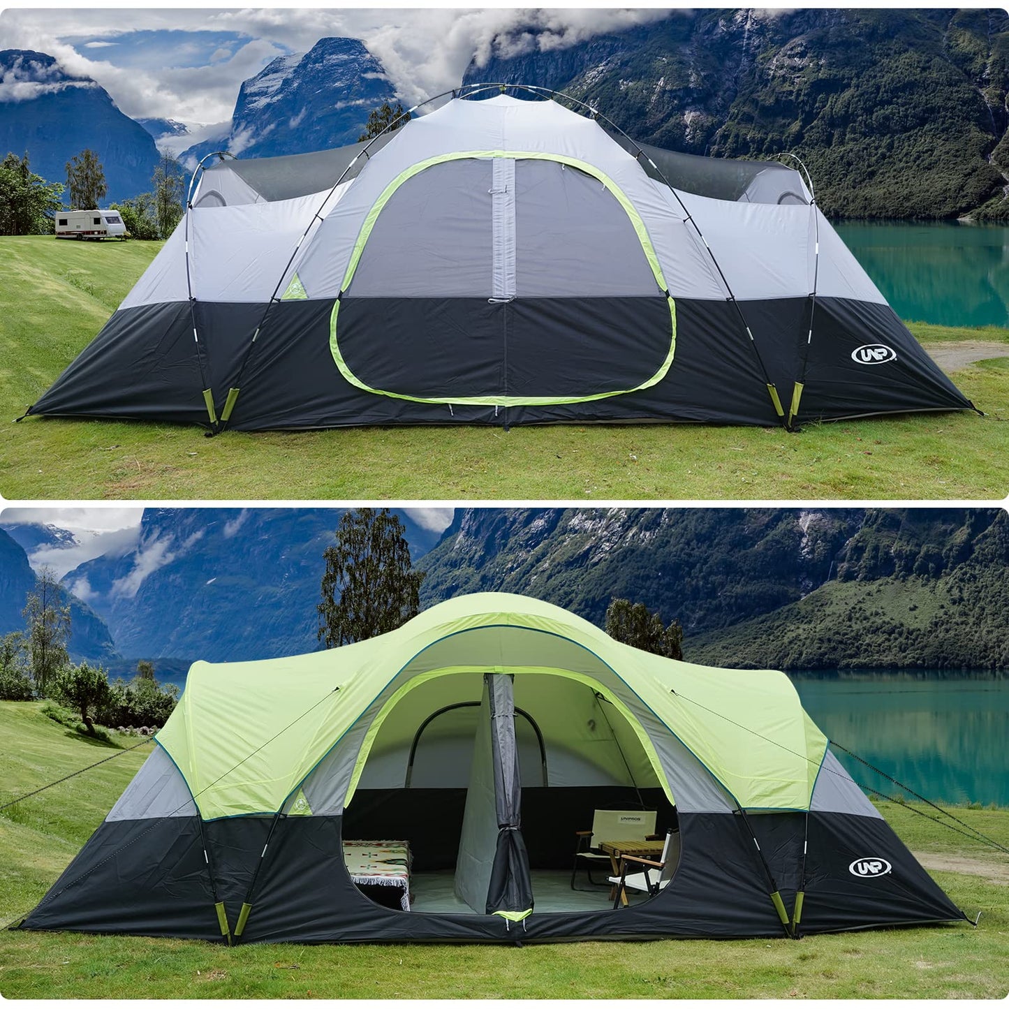 UNP Camping Tent 10-Person-Family Tents, Parties, Music Festival Tent, Big, Easy Up, 5 Large Mesh Windows, Double Layer, 2 Room, Waterproof, Weather Resistant, 18ft x 9ft x78in
