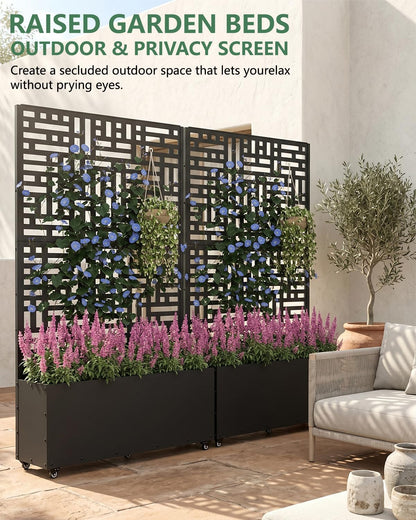 FOLAWO Metal Planter Box with Trellis,70.9"x47.2"x15.7" Raised Garden Bed with Drainage Holes, Privacy Planters for Outdoor Garden Bed for Climbing Plants,Vegetables,and Vines,2PCS,Black-Modular
