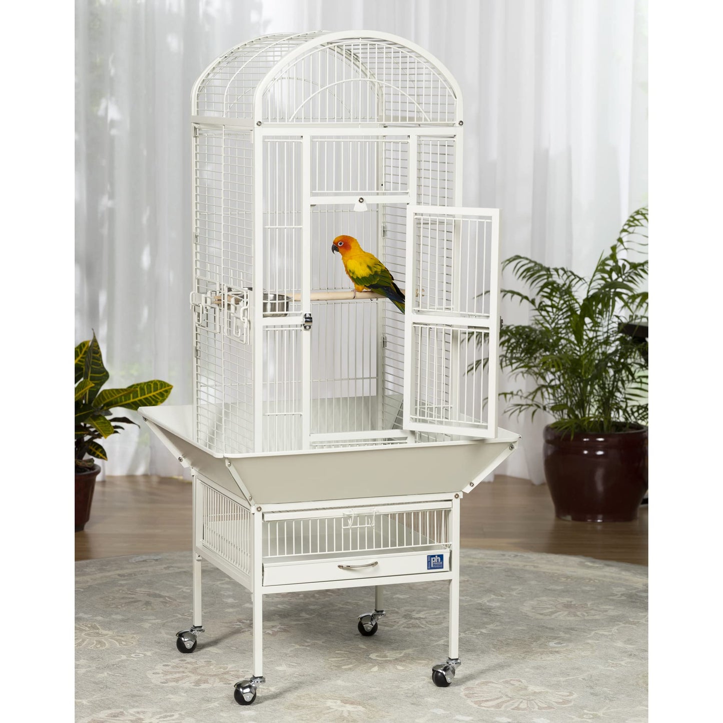 Prevue Pet Products Dome Top Bird Cage - Powder‑Coated Steel Cage with Wheels, Push Button Locks, Seed Guards and Perch, Ideal for Cockatiels, and All Small-Medium Sized Birds - Chalk White