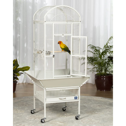 Prevue Pet Products Dome Top Bird Cage - Powder‑Coated Steel Cage with Wheels, Push Button Locks, Seed Guards and Perch, Ideal for Cockatiels, and All Small-Medium Sized Birds - Chalk White