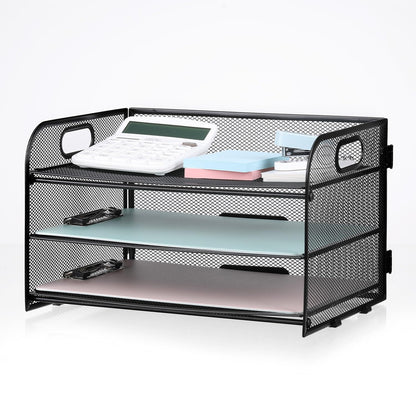 NCXTKJ 3-Tier Letter Tray Paper Organizer with Handle, Compact Mesh Desk File Organizer for Home Office Supplies Desktop Accessories,Black