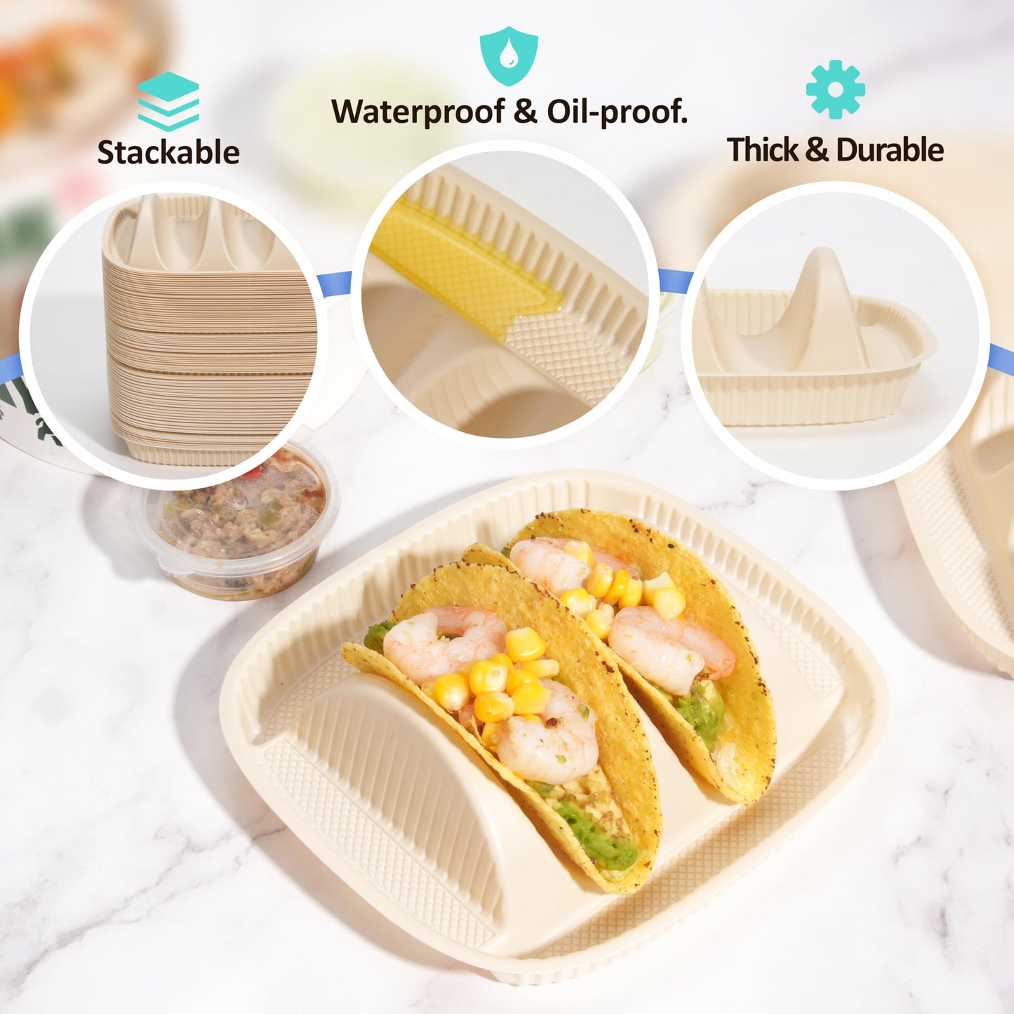 50-Pack Disposable Taco Plates for 2 Tacos - For Most 4-6 Inch Small Hard Shells - Biodegradable Cornstarch Holder Plates - Microwave Safe - Ideal for Fiesta, Bar, Party