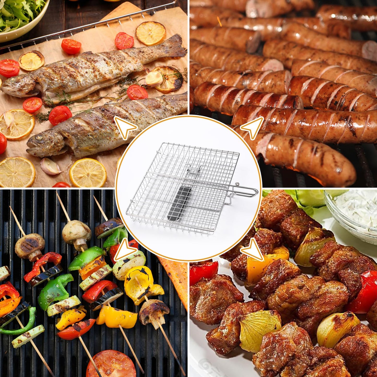 Portable Grill Basket, EISINLY BBQ Grilling Basket for Outdoor Grill with Removable Handle, Stainless Steel Camping Cooking Grill Accessories for Chicken Fish Vegetable