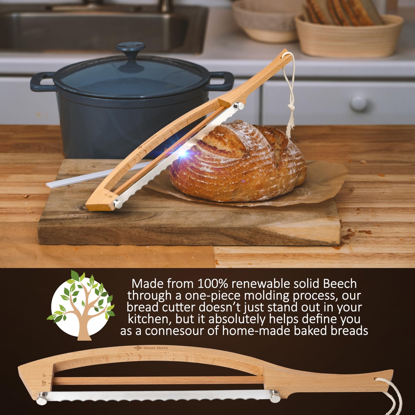 Adjustable Bread Knife for Homemade Bread - Bread Slicer with 1/2-inch and 1-inch Thickness Guides - 17 inch Bread Cutter - Bow Design Easy to Cutting Even Slices for Sourdough Baguettes Sandwiches