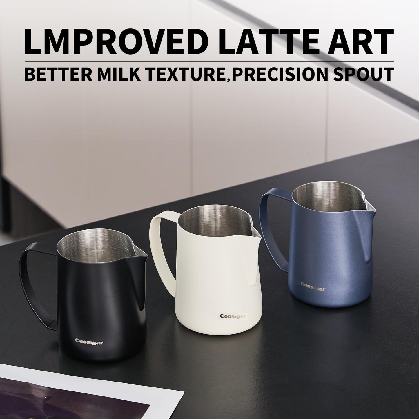 Coosigar Milk Frothing Pitcher 600ml/20oz,304 Stainless steel Espresso Steaming Pitcher,milk frother cup,Milk Jug Cup,Latte Art(black)