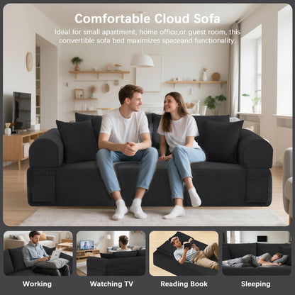 83" Modern Sofa in a Box, No Assembly Oversized 3 Seater 28" Deep Seat Cloud Sofa Bed Couch with 4 Furry Pillows & Corduroy Fabric, Boneless Couch with Side Storage Pockets for Living Room, Black