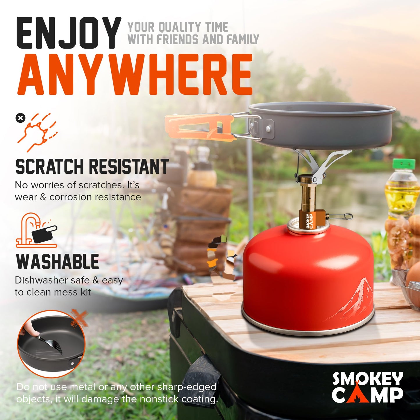 18 Pcs Smokey Camp Backpacking Cooking Set with Stove & Adapter - Pot, Pan, Kettle, Stove, Cutlery, Compact Camping Cookware Mess Kit, All in One Non-Stick Camping Cooking Set, Hiking, Picnic