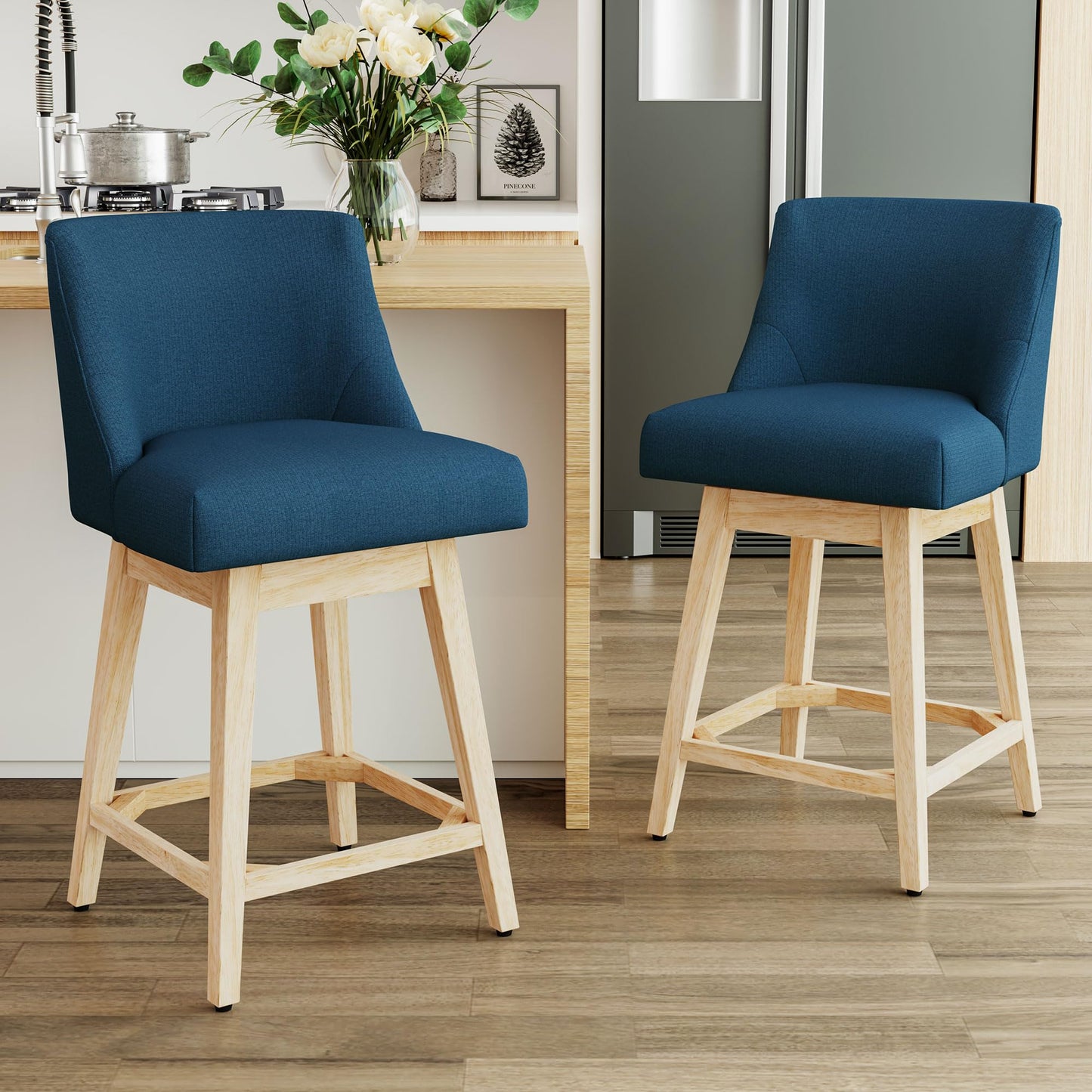 Erdoru Swivel Counter Height Bar Stools Set of 2, Modern Fabric Swivel Barstools with Contoured Back and Solid Wood Legs, Upholstered Counter Stool Bar Chairs for Kitchen Island, Home Bar, Blue