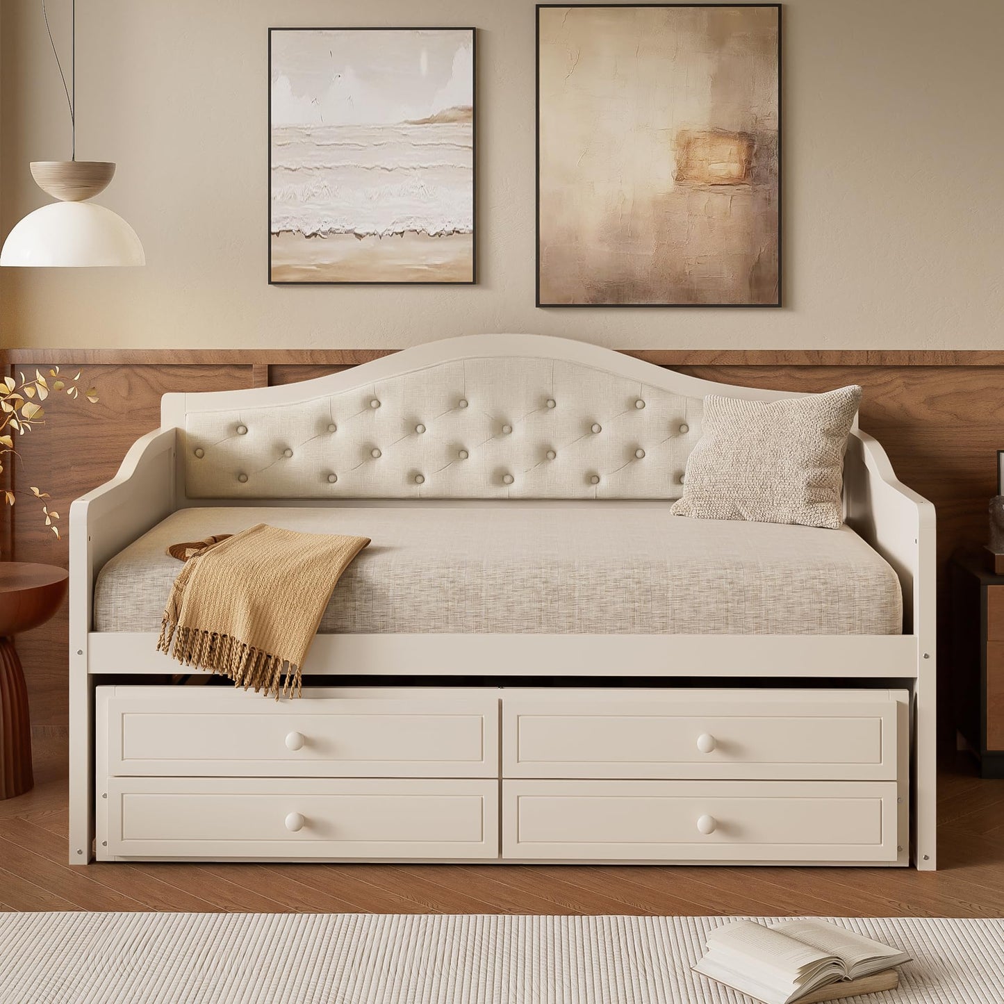 Ball & Cast Twin Size Daybed with Trundle,Wooden Bed w/ 2 Storage Drawers,Sofa Beds w/Upholstered Button Tufted Backrest,Slat Support,for Living Room, Bedroom, Guest Room,Beige