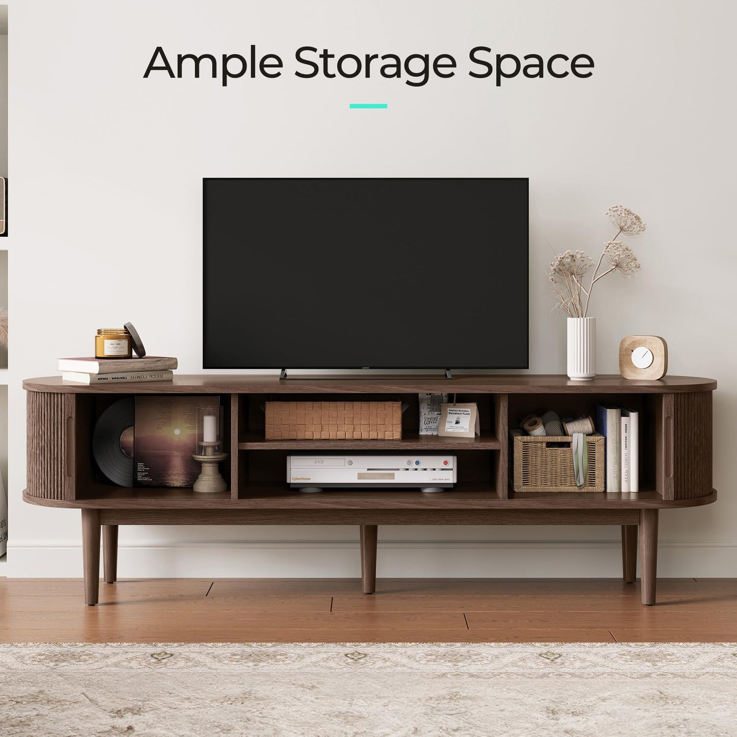 LINSY HOME 70" Fluted TV Stand for TVs up to 80 Inch, Mid Century Modern Entertainment Center with Storage Cabinet and Sliding Doors, Farmhouse Wood Media TV Console for Living Room, Bedroom, Walnut