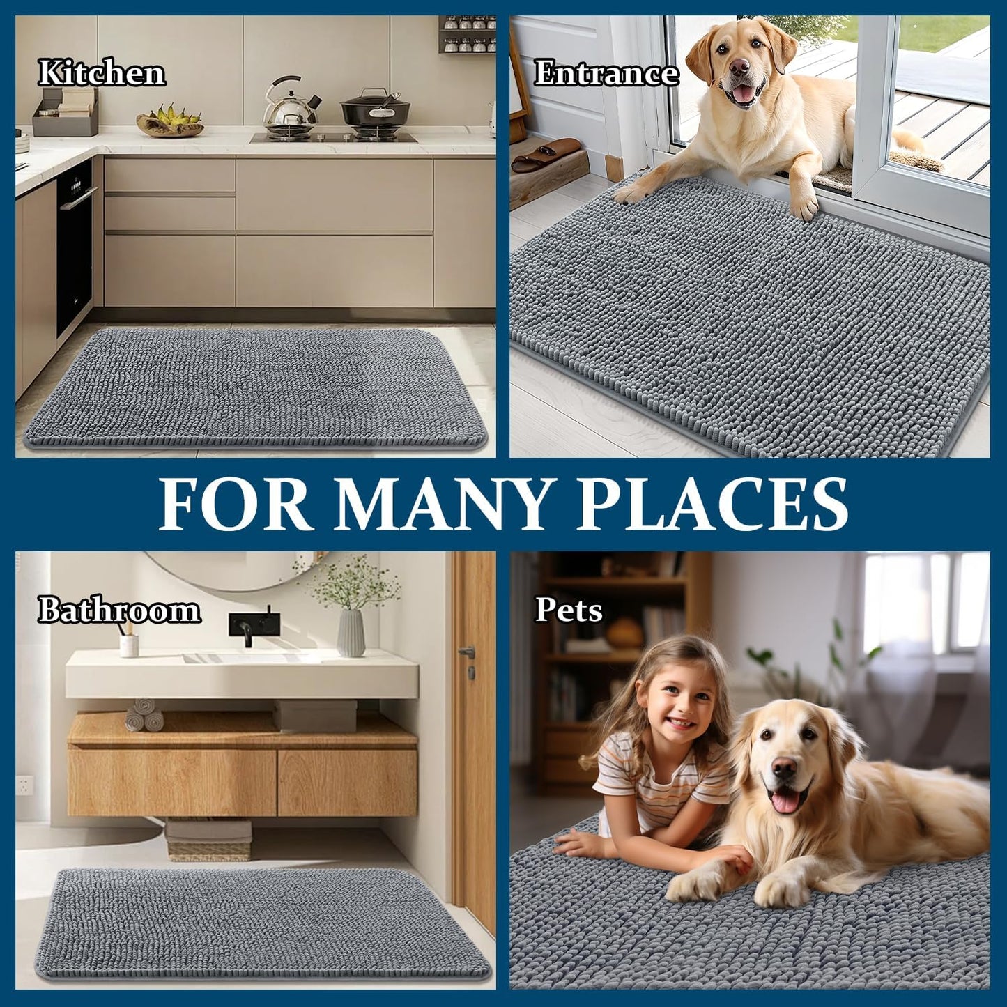 OLANLY Dog Door Mat - Absorbent Non-Slip Chenille Mat for Muddy Paws | 47x24 Inches, Grey