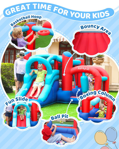 AirMyFun Inflatable Bounce House, Bouncy House with Slide,Indoor Outdoor Bounce House with Ball Pit,Basketball Hoop,Target Balls and Boxing,Inflatable Bouncer for Party