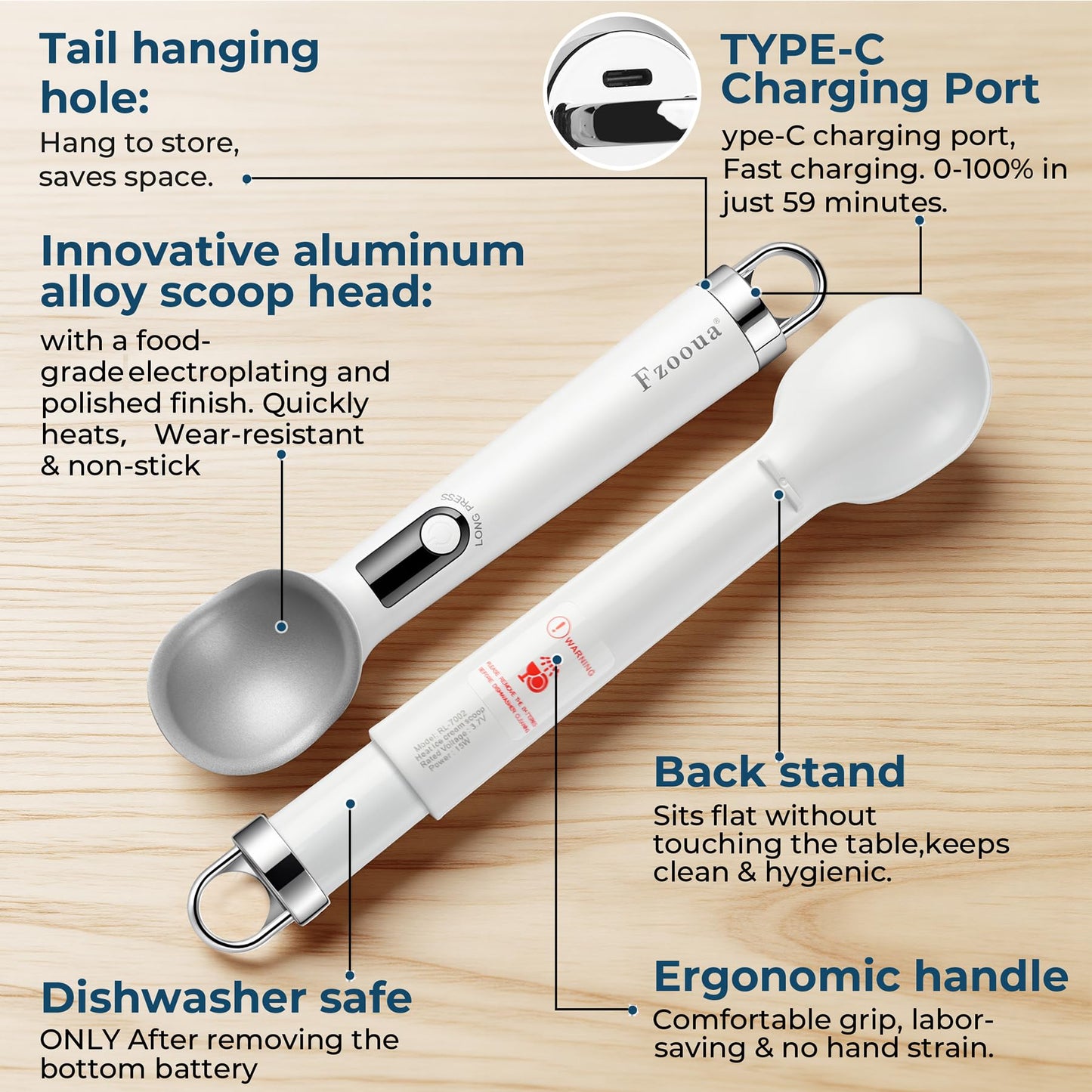 Fzooua Heated Ice Cream Scoop, Dishwasher Safe,Rechargeable Electric Warming Scooper, ON/OFF Safety Lock Switch,Heats to 158F, Kitchen Tool Nonstick Scooper for Gelato, Frozen & More