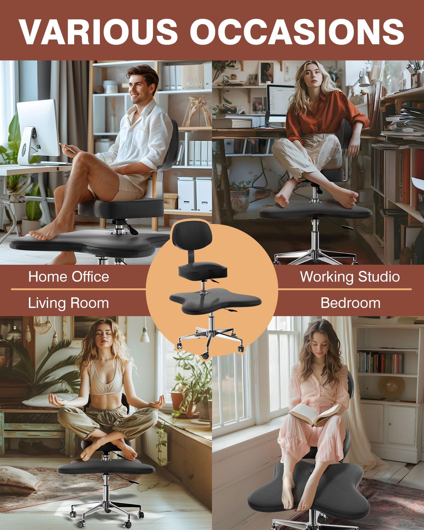 PYY ADHD Chairs for Adults - Meditation Cross Legged Office Chair with Wheels, Ergonomic Squatting Kneeling Fidget Chair with Lumbar Back Support Adjustable Height for Home Office