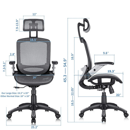 GABRYLLY Ergonomic Office Chair, High Back Home Desk Chair with Headrest, Flip-Up Arms, 90-120° Tilt Lock and Wide Cushion, Big and Tall Mesh Chairs for Man Woman, Grey Task Chair