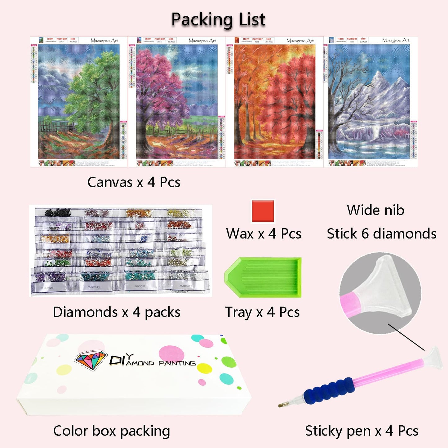 Muzagroo Art 4 Pack 5D Diamond Painting Kits for Adults DIY Diamond Art Kits 4 Seasons Trees Wall Art for Living Room Adults Crafts Diamond Dot Gem Art Kits for Beginners