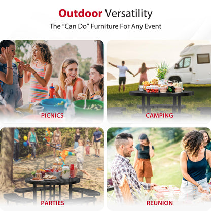 Leisure Craft Metal Picnic Table with Bench - 46" Round Outdoor Dining Table for 8 with Umbrella Hole, Weatherproof Heavy Duty Thermoplastic Coating, Commercial Grade Furniture Made in USA - Black