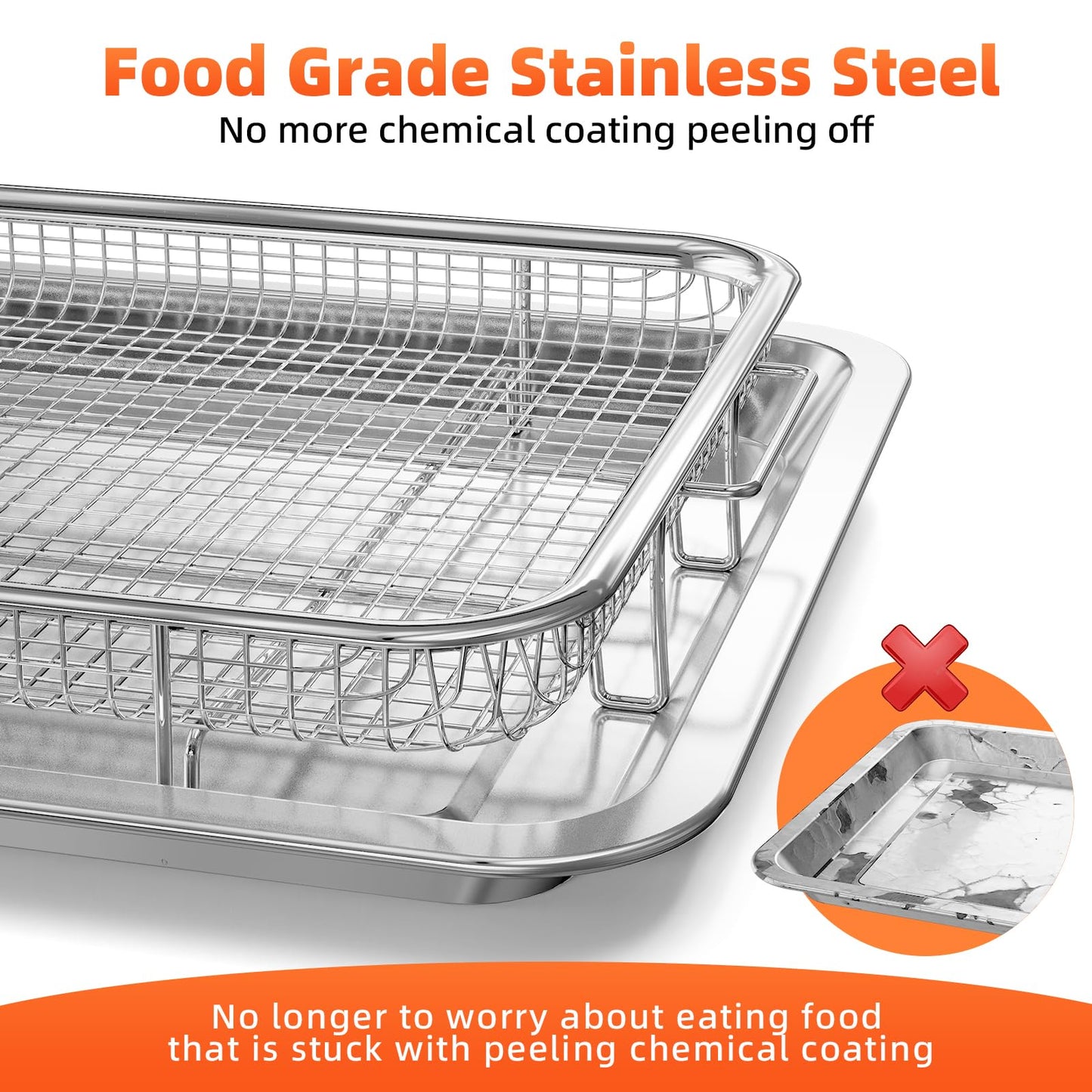 Air Fryer Basket for Oven, 2 Set Oven Air Fryer Basket and Tray with 60 PCS Parchment Papers, DEGOVIN Crisper Tray Non-stick Stainless Steel Air Fry Pans for Convection Oven(14.88" ×10.98"&13" × 9.7")