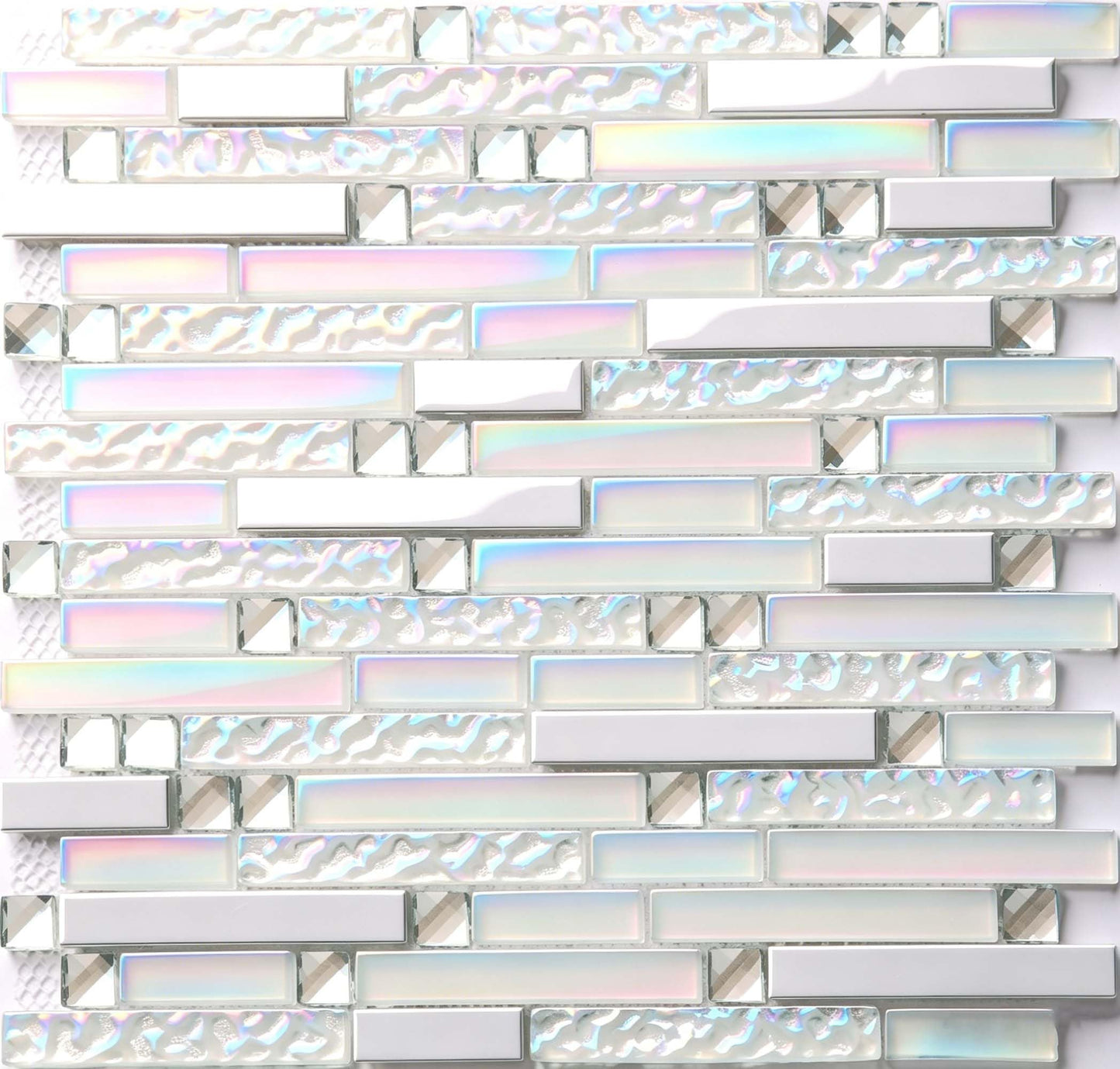 Hominter Modern Iridescent Glass Metal Mosaic Tile Backsplash for Kitchen & Bathroom, White Silver Linear Wall Tiles for Shower, Fireplace & Accent Wall, 3x12 Sample