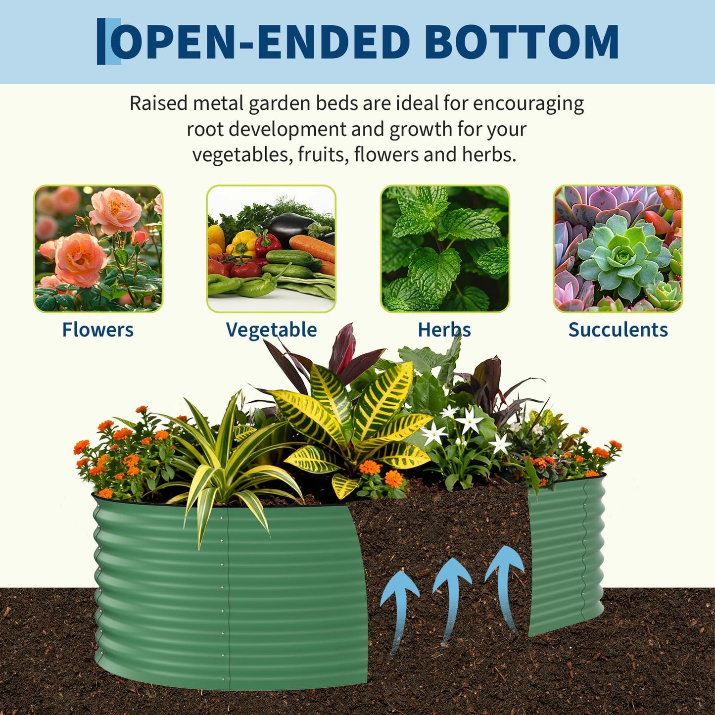 Garvee 6 Pack 8x4x1.5ft Galvanized Raised Garden Bed Kit, Oval Metal Planter Boxes with Anti-Cut Safety Edges, Rust-Resistant Deep Root Planters for Outdoor Vegetables, Flowers, Herbs, Green