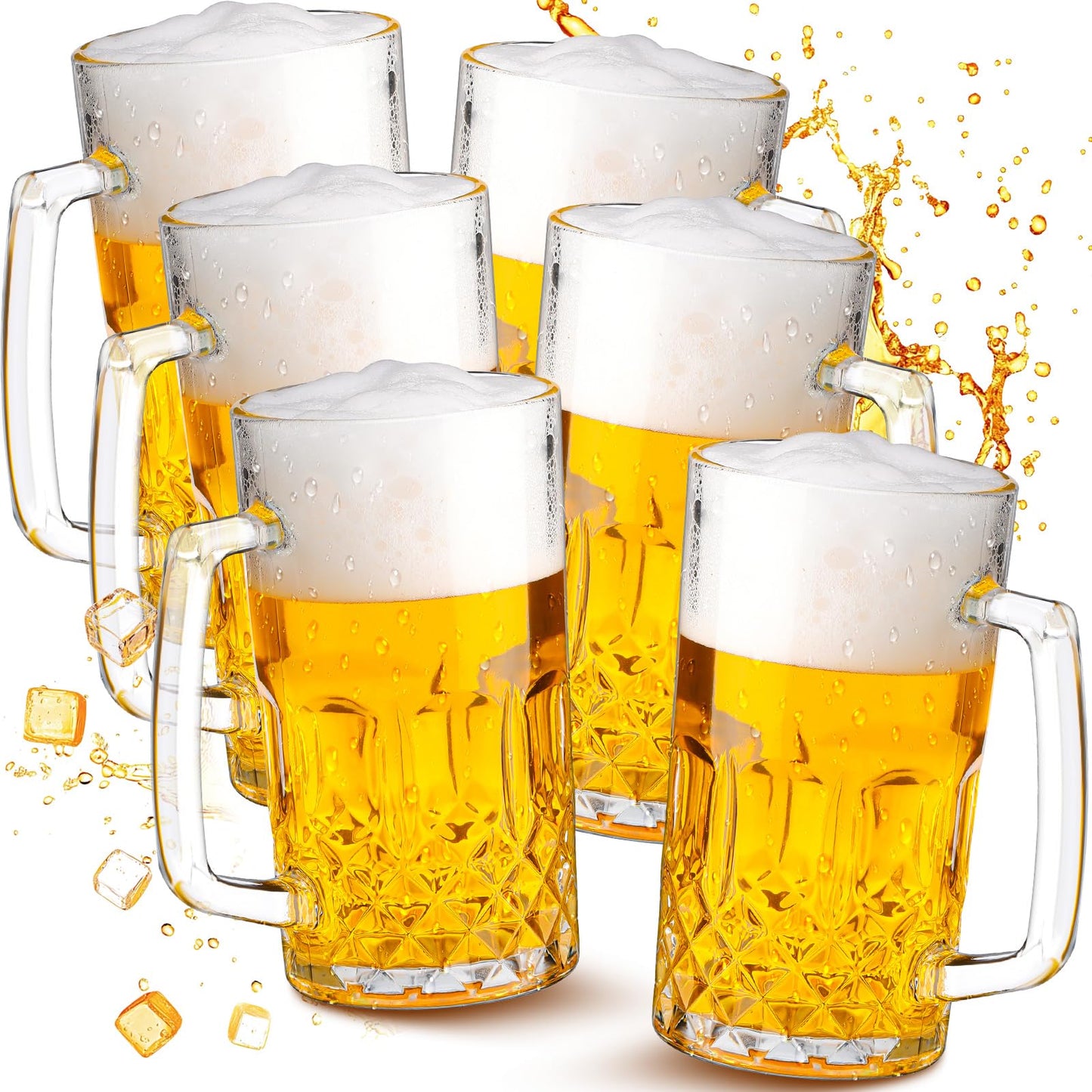 Reallnaive 6 Pack 32 oz Beer Mugs with Handle Large Heavy Glass Beer Mug for Oktoberfest Freezer Glass Steins German Cups Gift for Men Father Boyfriend Brother Dad