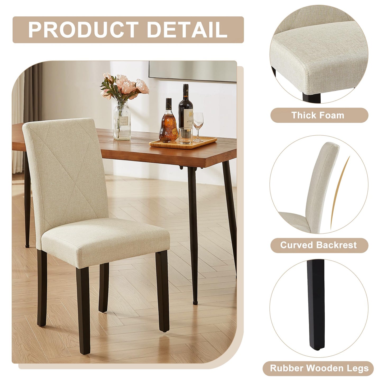 VECELO Upholstered Dining Chairs Set of 6, Modern Fabric and Solid Wood Legs & High Back for Kitchen/Living Room- Beige