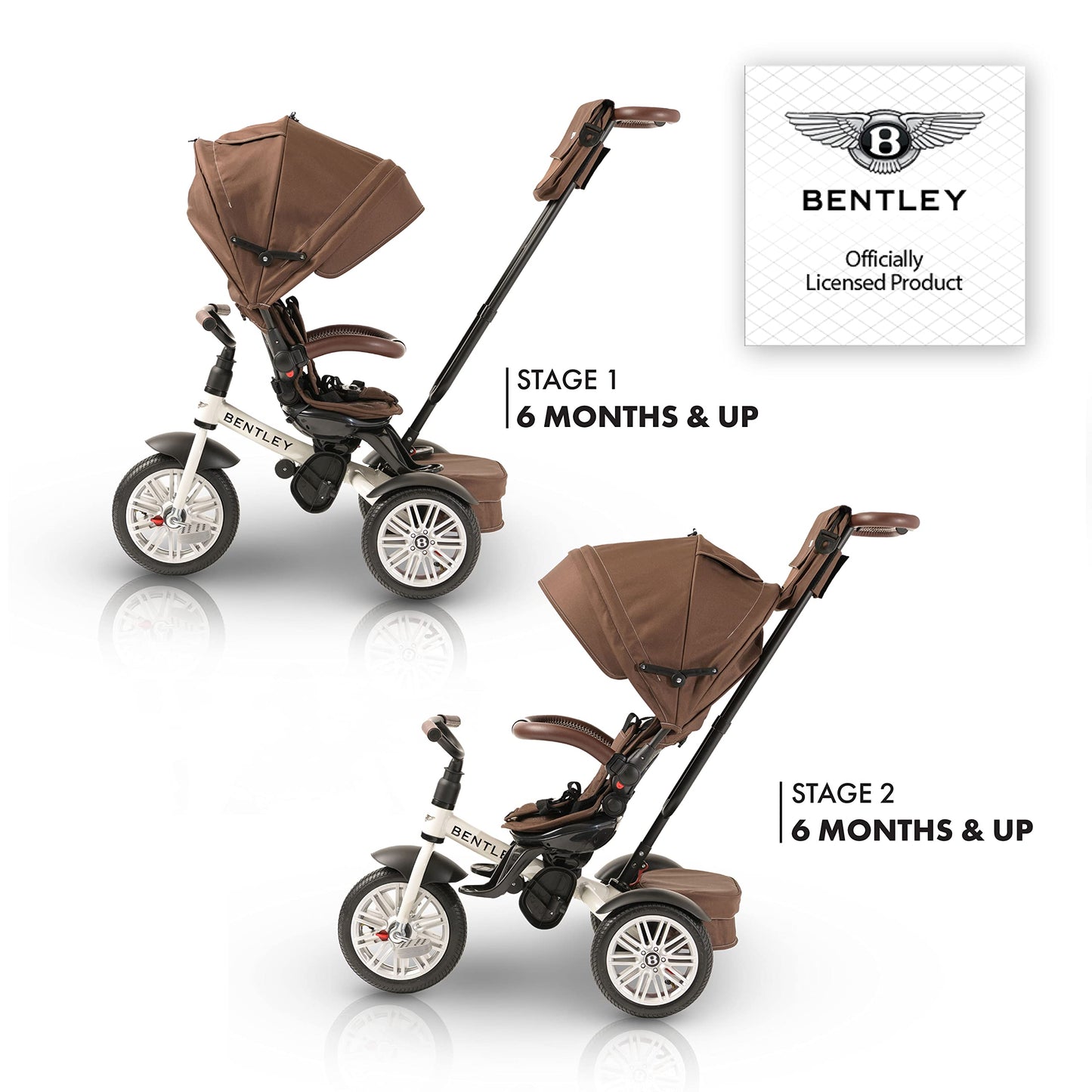 Bentley 6-in-1 Baby Stroller & Toddler Tricycle – Officially Licensed Luxury Kids Bike, Convertible Travel Strollers & Kid Trike with Air Wheels, Canopy & Safety Features (6m-5y+ | White Satin)