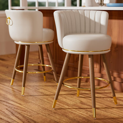 SeekFancy 24" Swivel Bar Stools Set of 2, Counter Height BarStools with Back, Leather Swivel Kitchen Stools with Wood Legs and Footrest, Upholstered Pub White Bar Chairs Kitchen Island