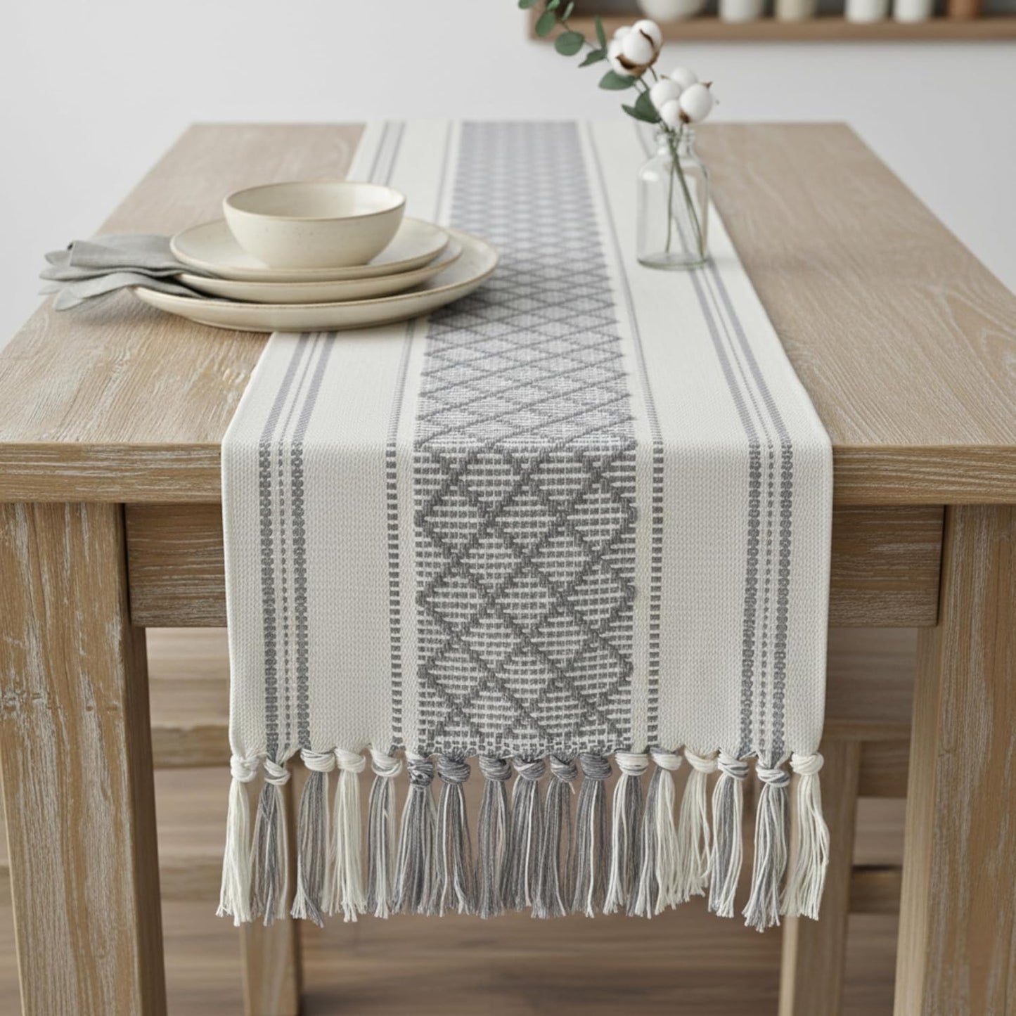 14x72 Inches Grey Table Runner with Tassel Gray & Cream Checks Geometric Design , Woven Washable Heavy Dresser Scarf