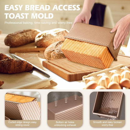 Dipanist 2Pack Large Bread Pan with Lids – 2.2LB Dough Capacity, Non-Stick Carbon Steel Bread Pans for Homemade Sandwich and Sourdough Bread, Corrugated Toast Mold(Gold)