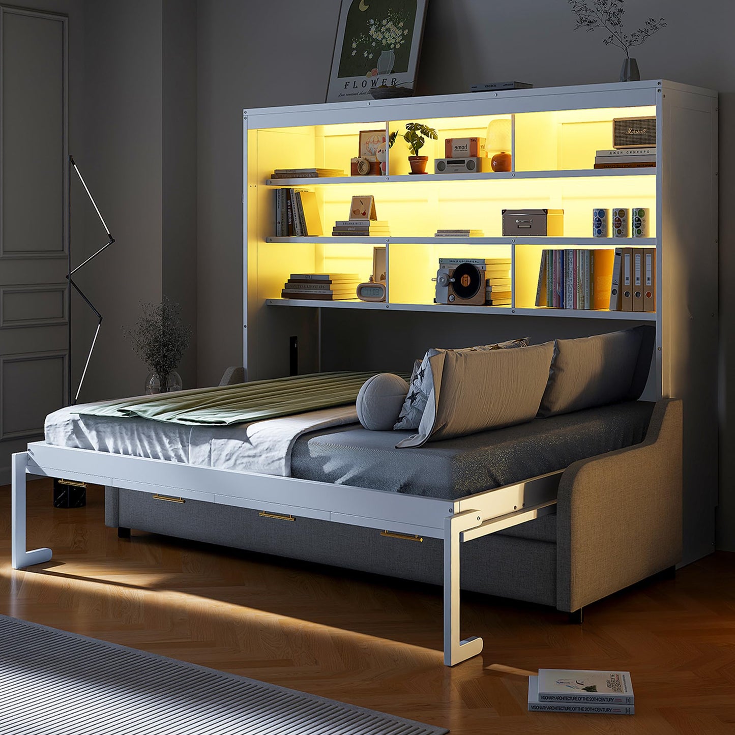 Bellemave Full Size Murphy Bed with Sofa, Cabinet Bed with Storage Shelves and LED Light, Farmhouse Murphy Cabinet with Folding Sofa, Noisy Free, for Guest Bedroom, Living Room, Office, Beige